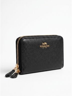 Coach Double Zip Leather Coin Wallet Black Gold Hardware Compact Luxury